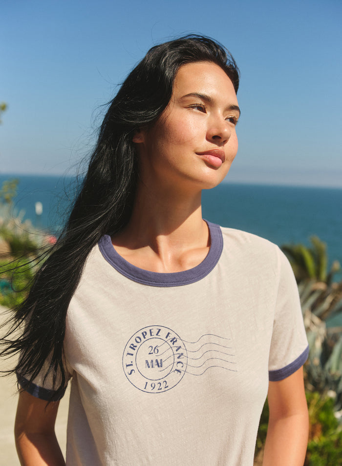 Sundry St Tropez Stamp Short Sleeve Boxy Crew Ringer Tee in Oyster