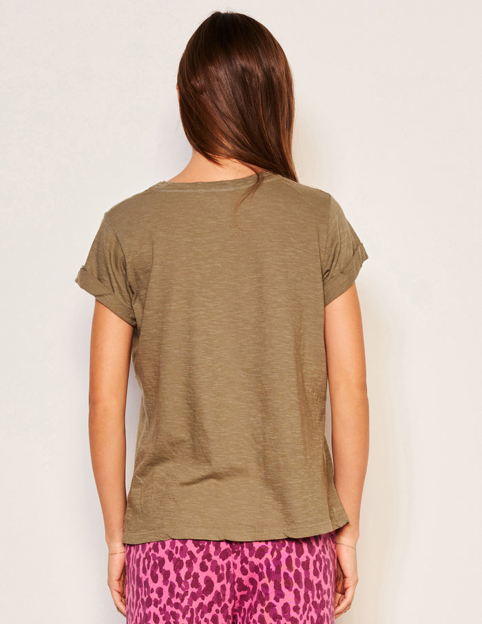 Sundry Stay Warm Rolled Sleeve Tee in Fern-3/4 back view