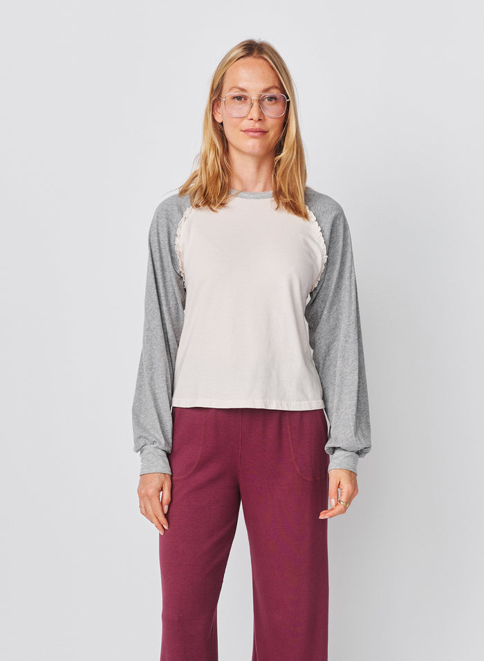 Sundy Ruffle Baseball Tee in Oyster