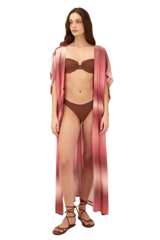[product_title] by [product_vendor] in [variant_title] - Sunset Park Resort shop_name; model in brown bandeau bikini and pink ombre cover-up, resort wear fashion.