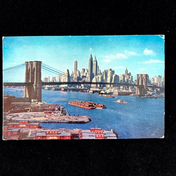 Vingate Postcard 1950s New York City Brooklyn Bridge Downtown Skyline East River