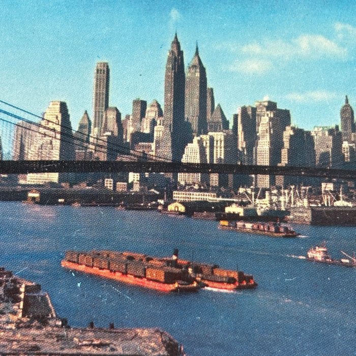 Vingate Postcard 1950s New York City Brooklyn Bridge Downtown Skyline East River