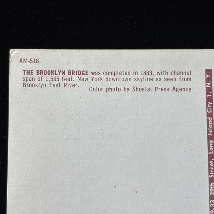 Vingate Postcard 1950s New York City Brooklyn Bridge Downtown Skyline East River
