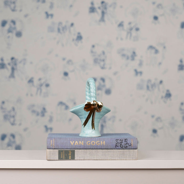 Vintage 1950s Blue Basket Bud Vase with Gold Bow