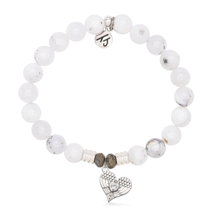 White Chalcedony Gemstone Bracelet with Angel Love Sterling Silver Charm
