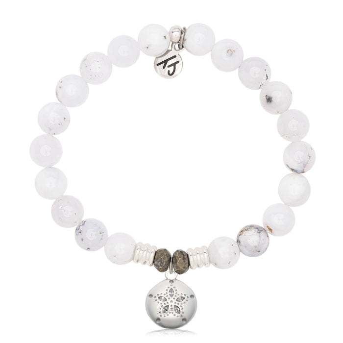 White Chalcedony Gemstone Bracelet with Sand Dollar CZ Sterling Silver Charm